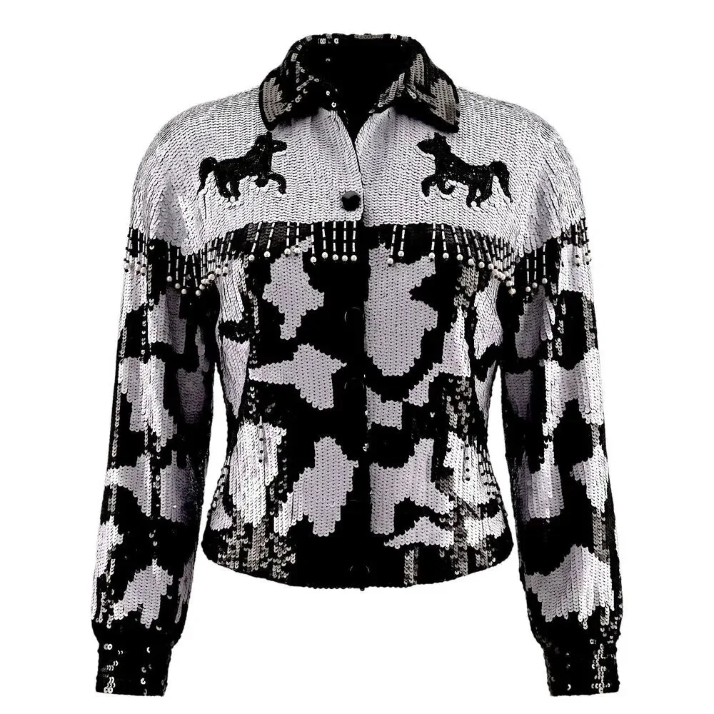 Vintage MODI Black White Silk Sequin Horse Western Fringe Art to Wear Jacket XL